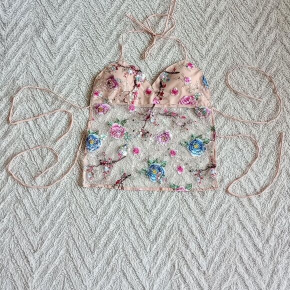 Tops - Y2K Floral Backless Beaded Sequin Fairy Halter